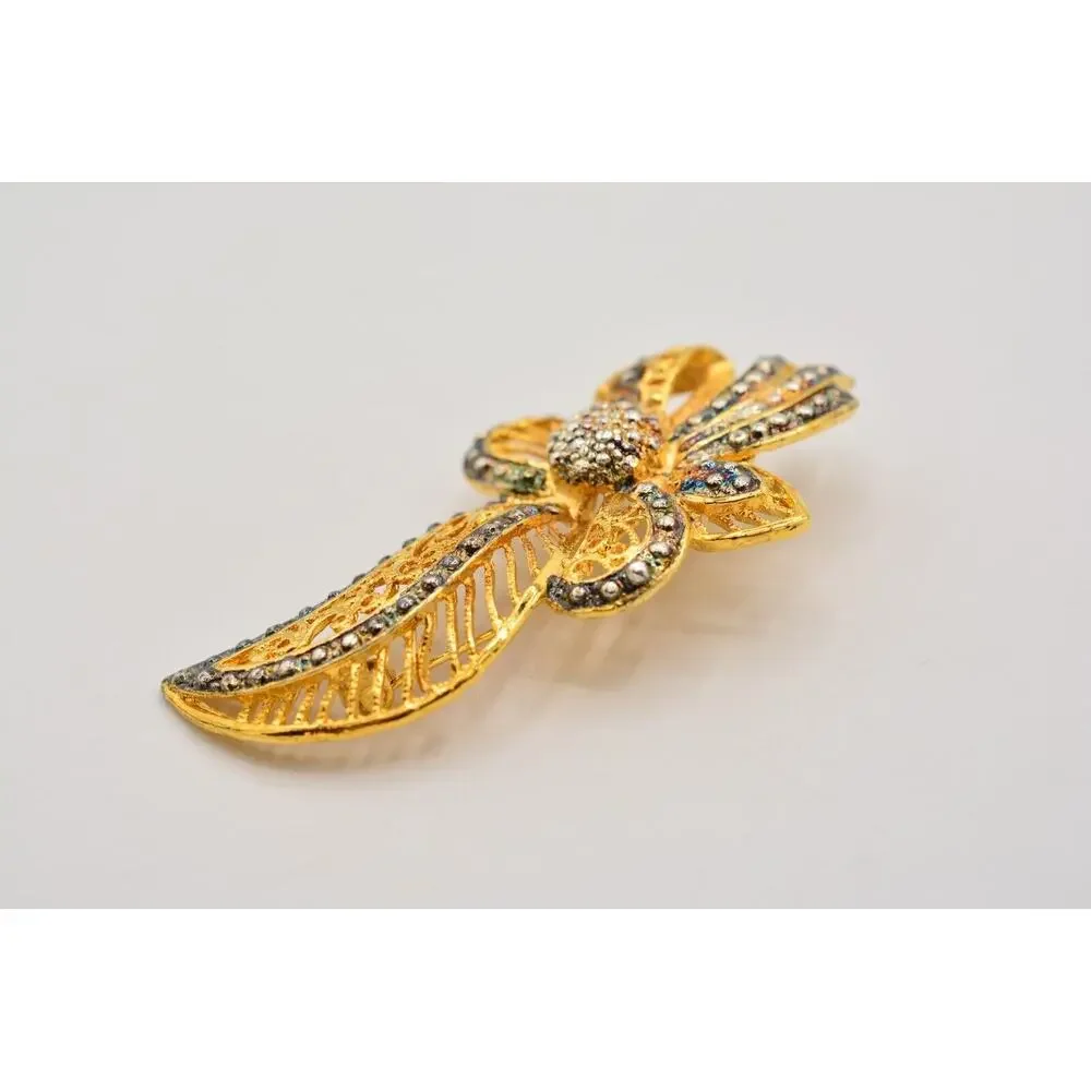 Vintage Flower Bow Pin Brooch Gold Silver Tone Antiqued Gunmetal Chunky 1980s 9B